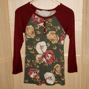 P.S. Kate Womens Raglan Sleeve Floral Distressed Look Roll Tab Knit Top Small